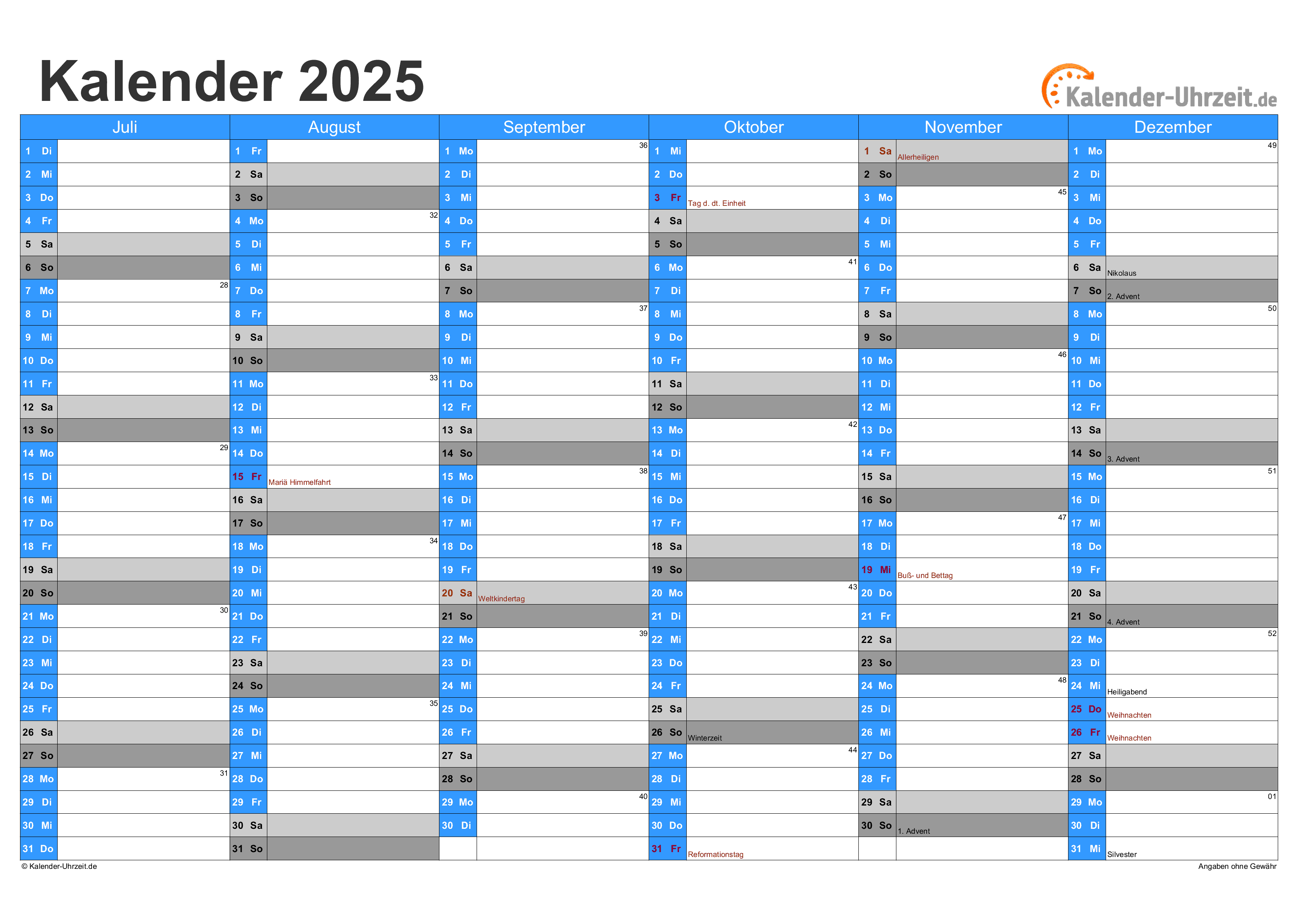 Производственный календарь 2025 exel EXCEL-KALENDER 2025 - KOSTENLOS