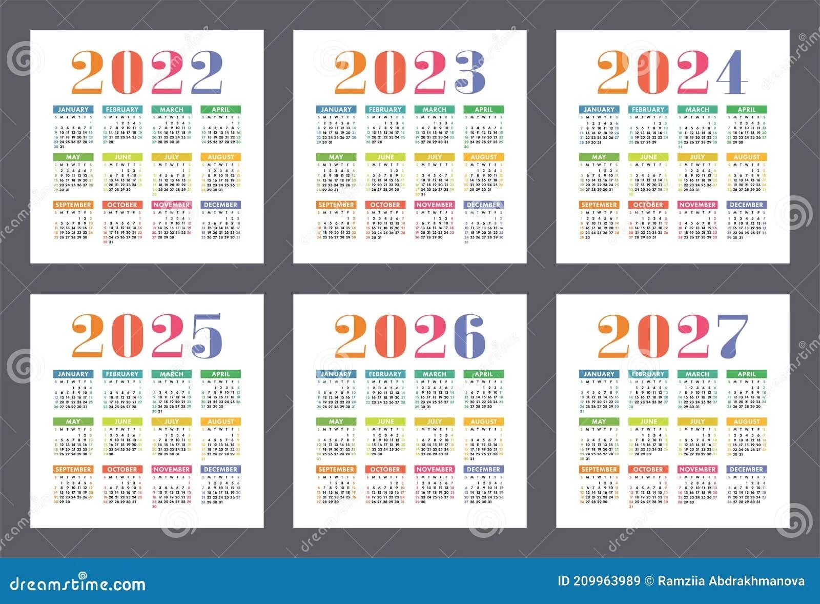 Производственный календарь 2025 год на 2024г Календарь 2022 2023 2024 2025 2026 и 2027 лет. Английский красочный набор вектор