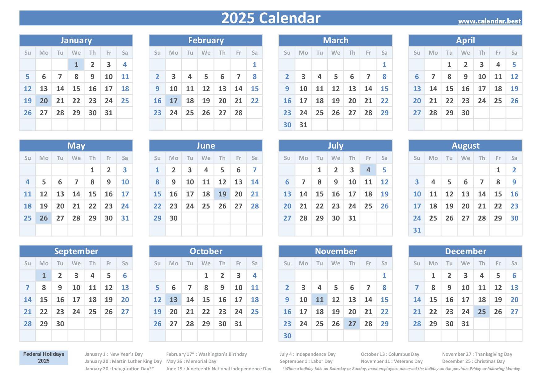 Производственный календарь 2025 с каникулами 2025 Federal Holidays : list and 2025 calendar with holidays to print