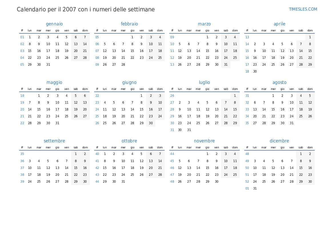 Производственный календарь 2025 с нумерацией недель Settimana 02 2007 Il calendario