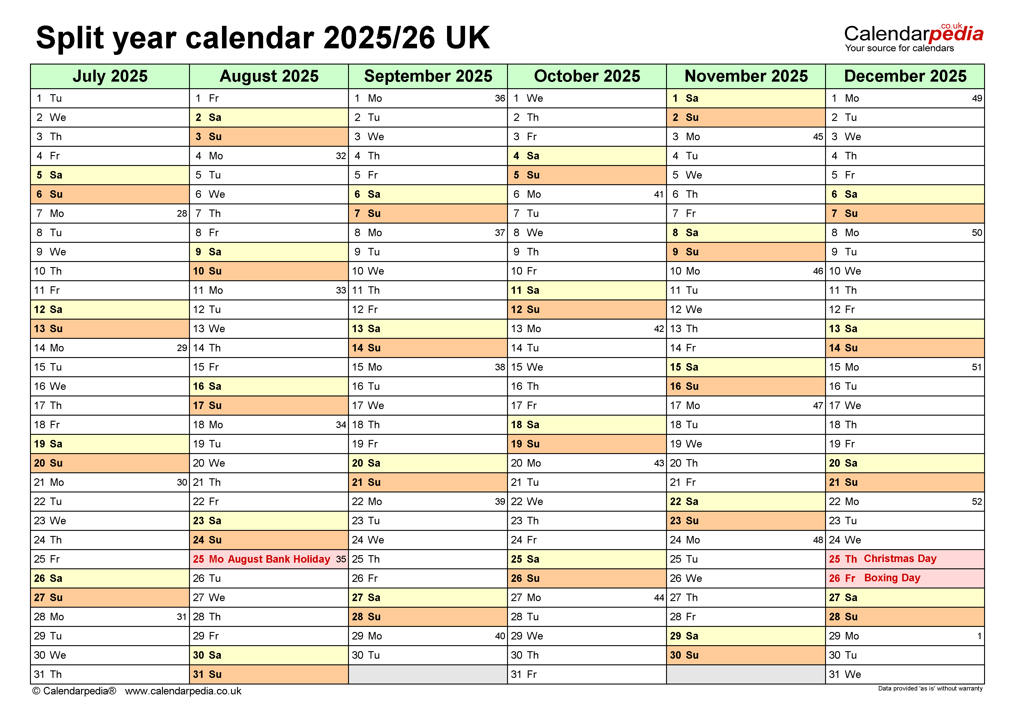 Производственный календарь 2025 в эксель альбомный Split year calendars 2025/26 UK (July to June) for Excel