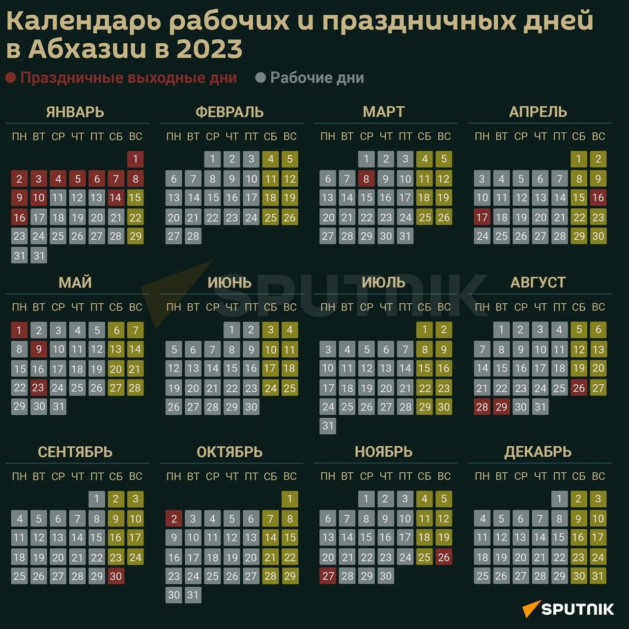 Производственный календарь абхазии на 2025 год А вот и официальный график выходных и праздничных дней на 2023 год. 2022 Sputnik