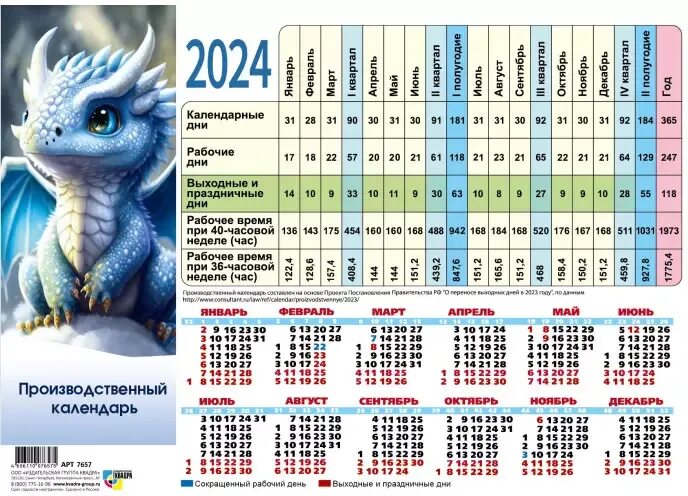 Производственный календарь на 2024 год 5 Календарь производственный 2024 СИМВОЛ ГОДА ДРАКОН 210х297мм Арт. 248295 купить 