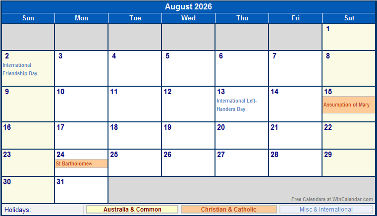 Производственный календарь на 2026 год August 2026 Australia Calendar with Holidays for printing (image format)