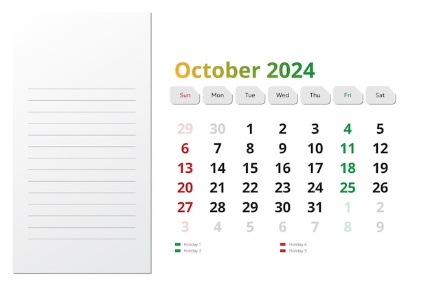 Производственный календарь на октябрь 2024 года October Vertical Calendar