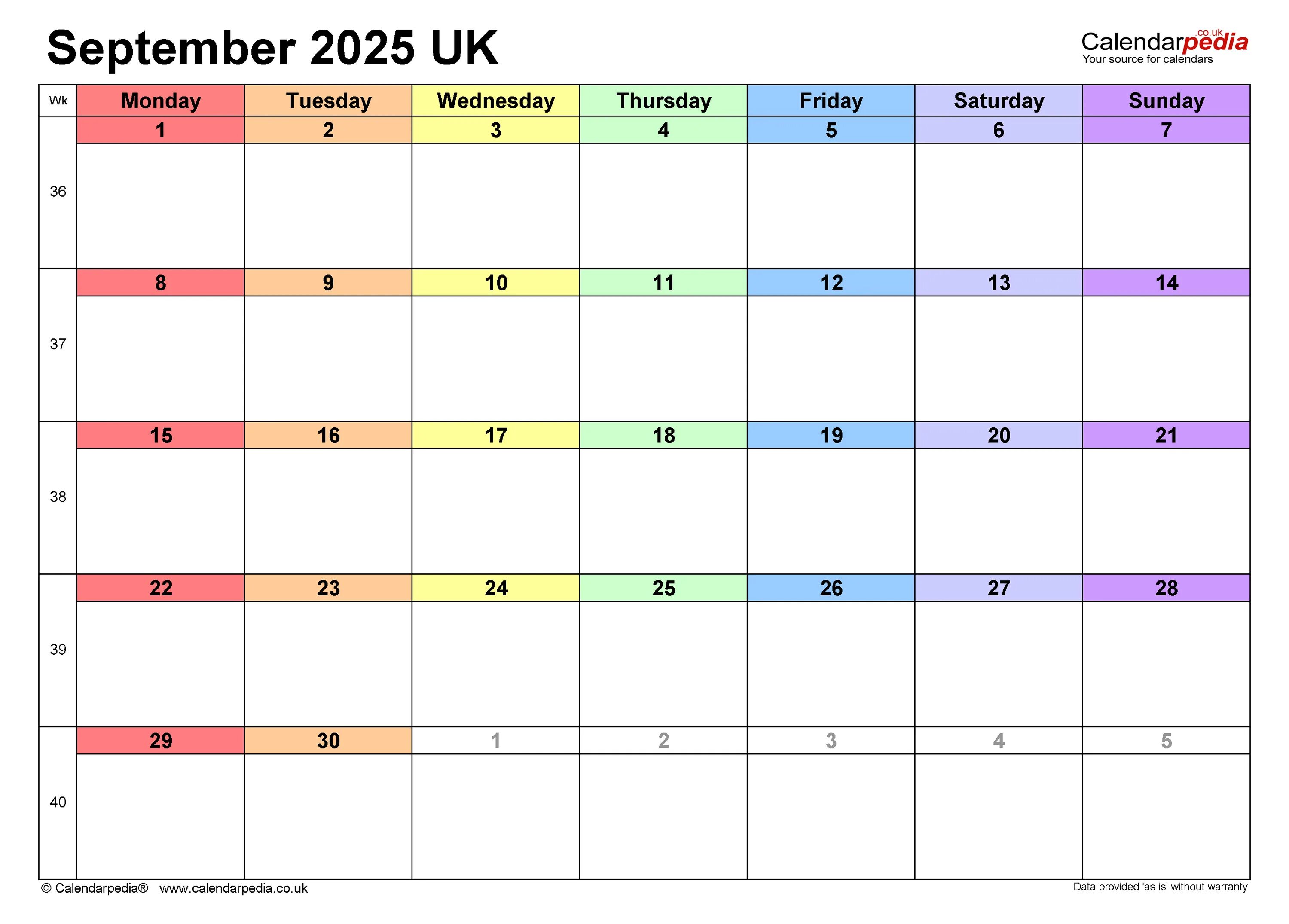 Производственный календарь на сентябрь 2025 Calendar September 2025 UK with Excel, Word and PDF templates