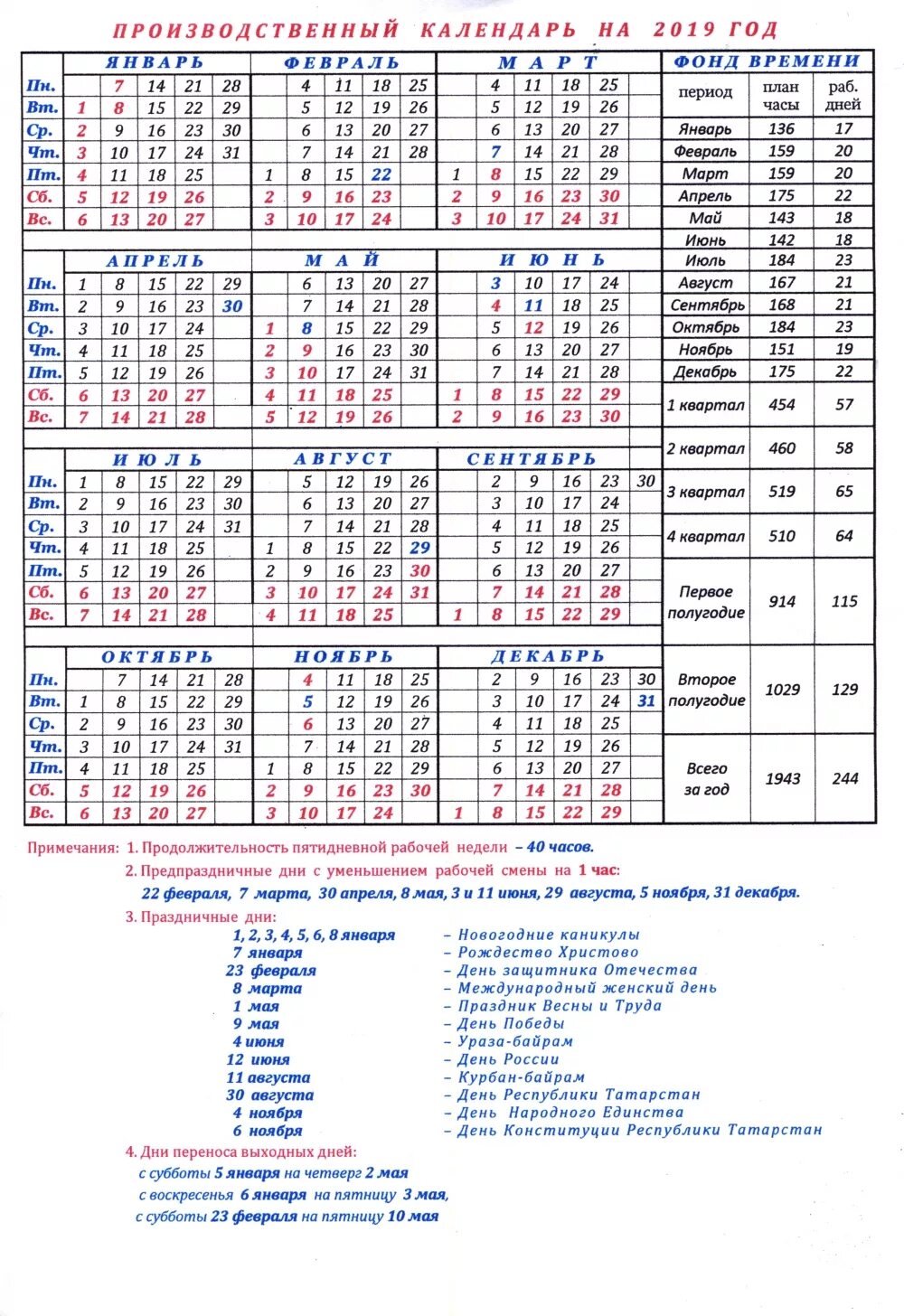 Производственный календарь татарстан с праздниками Производственный календарь для Татарстана на 2019 год АиФ Казань