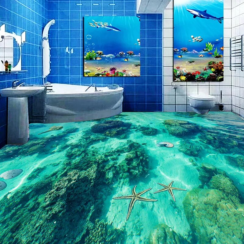 Производство фото плитки Custom 3D Floor Wallpaper Underwater World Toilet Bathroom Bedroom Floor Mural P