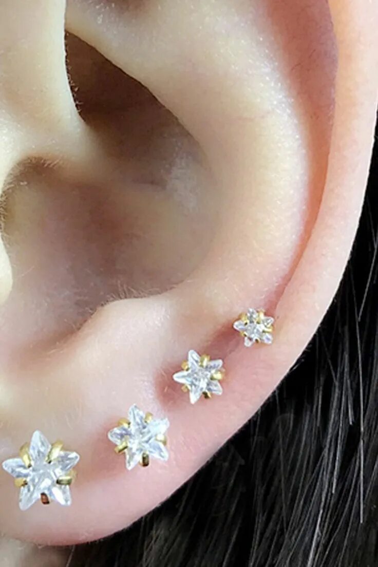 Прокол ушей 4 дырки фото Golden Crystal Star Stud Conch Earring, Tragus Piercing, Cartilage Piercing, Hel