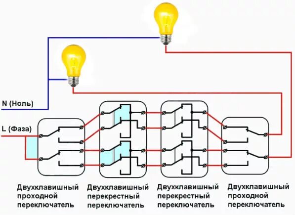 Промежуточный выключатель двухклавишный схема подключения Назначение и монтаж двухклавишного проходного выключателя