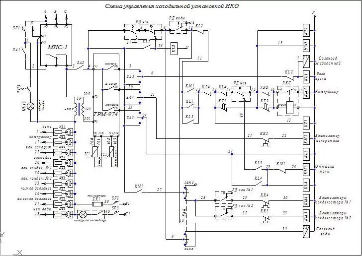 Промышленные электрические схемы Схема управления холодильной установкой - Чертежи, 3D Модели, Проекты, Схемы
