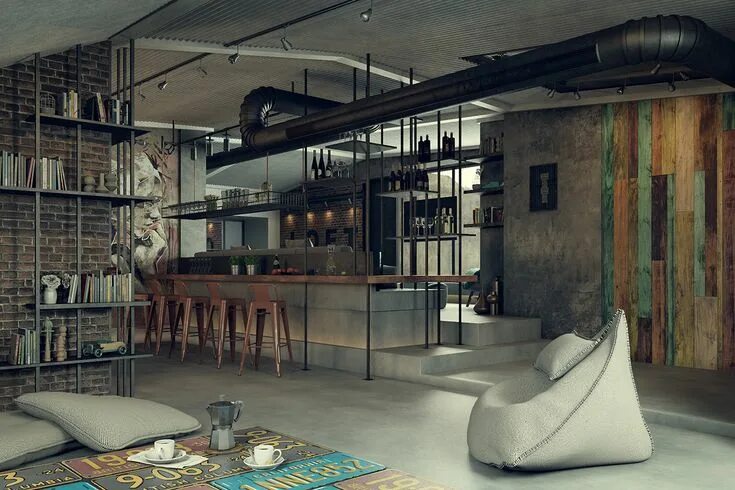 Промышленный дизайн интерьера mahabis architecture // a bachelor pad in beirut Loft design, Rec room, Farmhous