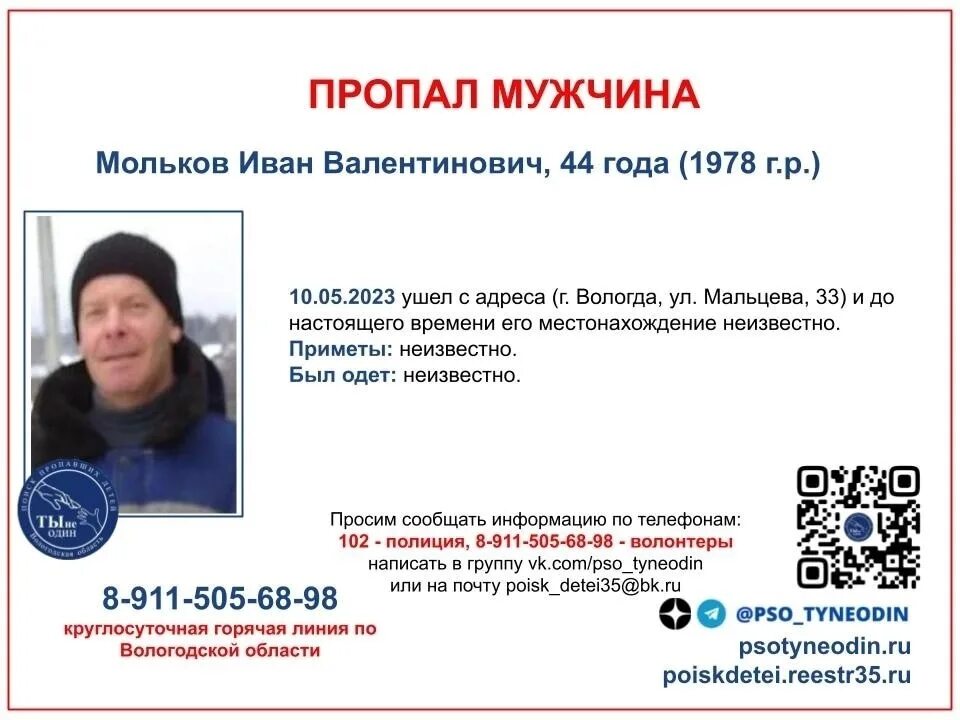 Пропавшие люди вологда фото Внимание! В Вологде пропал 44-летний мужчина! Требуется информационная поддержка