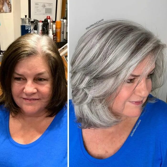 Прошивка седины техника покраски фото Hairdresser-Gray-Hair-Makeovers-Jack-Martin Natural gray hair, Grey hair transfo