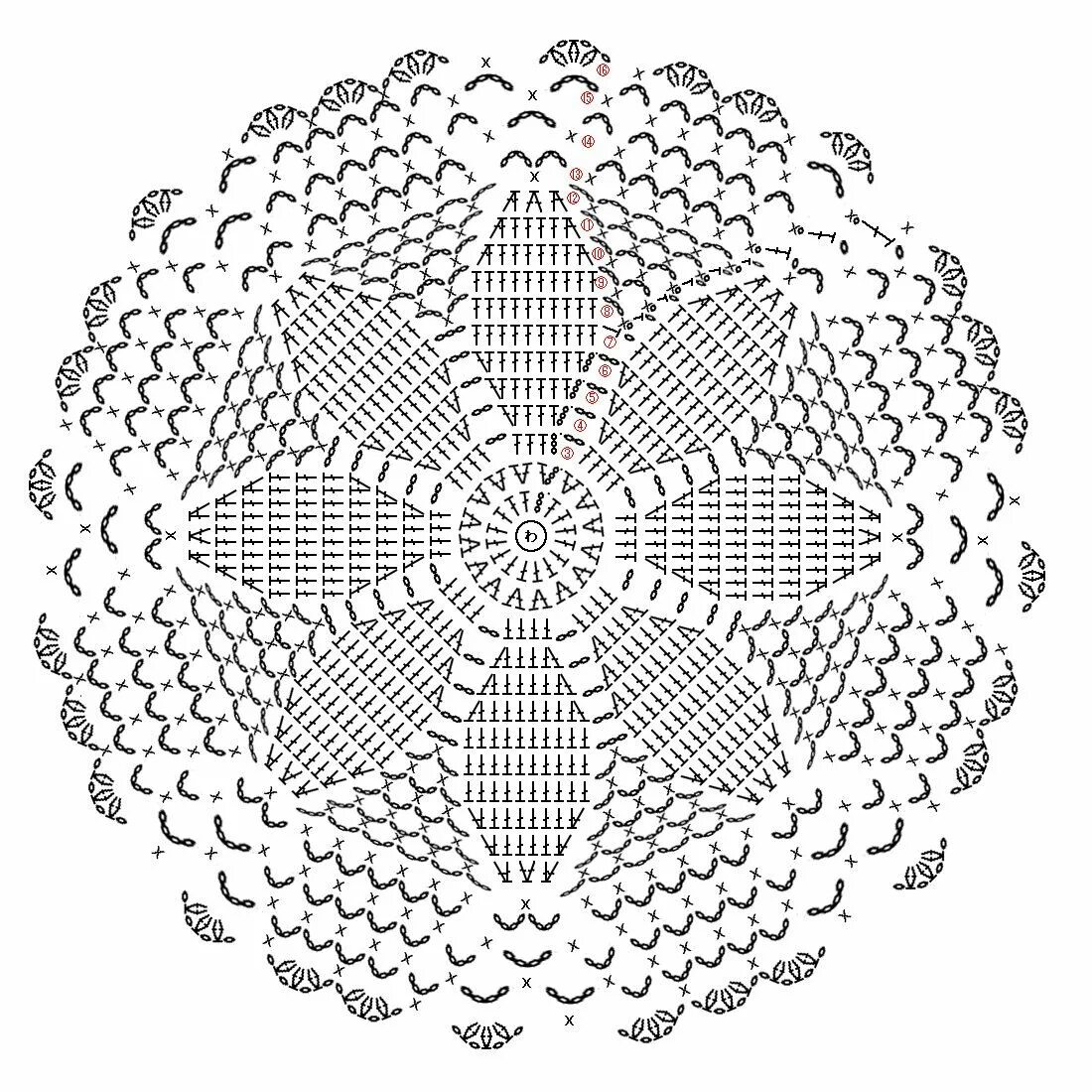 Простая сервировочная салфетка крючком схемы か ぎ 針 編 み 図)大 き な お 花 の ド イ リ- か ぎ 針 編 み の パ タ-ン, 編 み 図, か