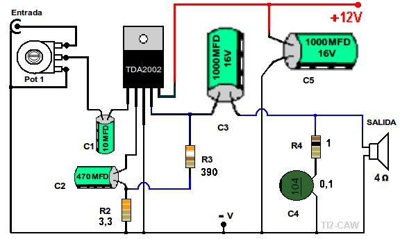 Простая схема усилителя звука своими руками Dibujo de componentes del TDA2002 Amplificador de audio, Amplificadores de audio