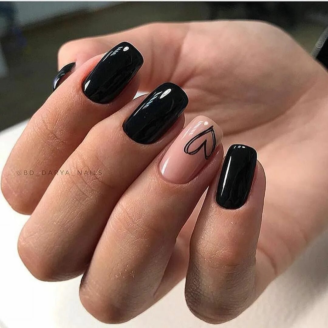 Просто черный маникюр Black Nails. Heart Nails. Valentine's Nails. Valentine's day nails, Nail art, He