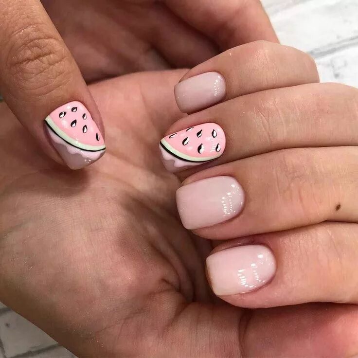 Простой дизайн маникюра на короткие ногти маникюр с арбузом фото_21 Watermelon nails, Nail manicure, Manicure