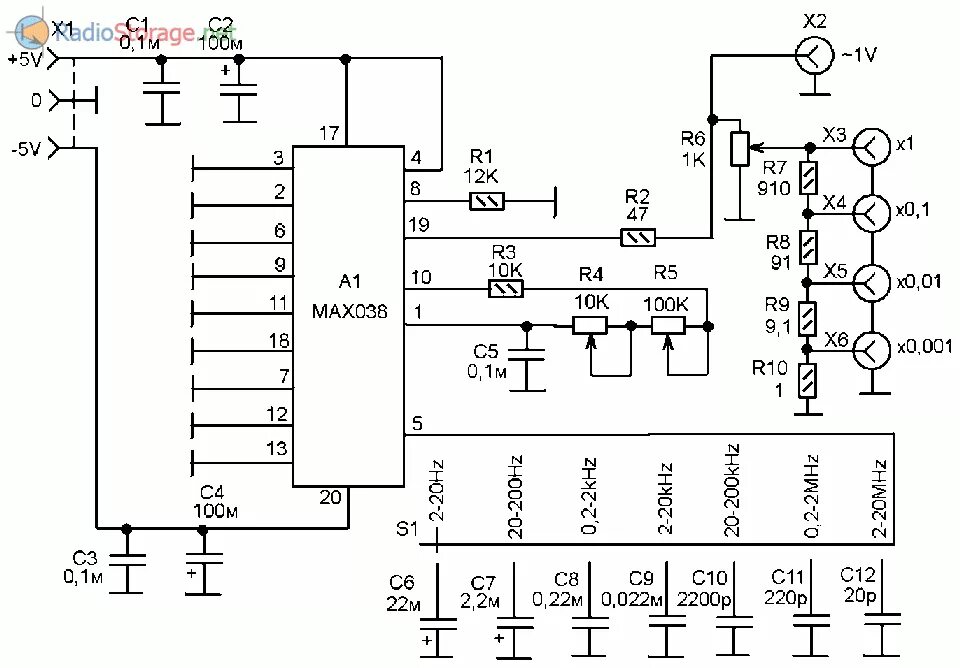 Простой генератор сигналов своими руками схема Генератор синусоидальных сигналов с широким диапазоном частот (MAX038)