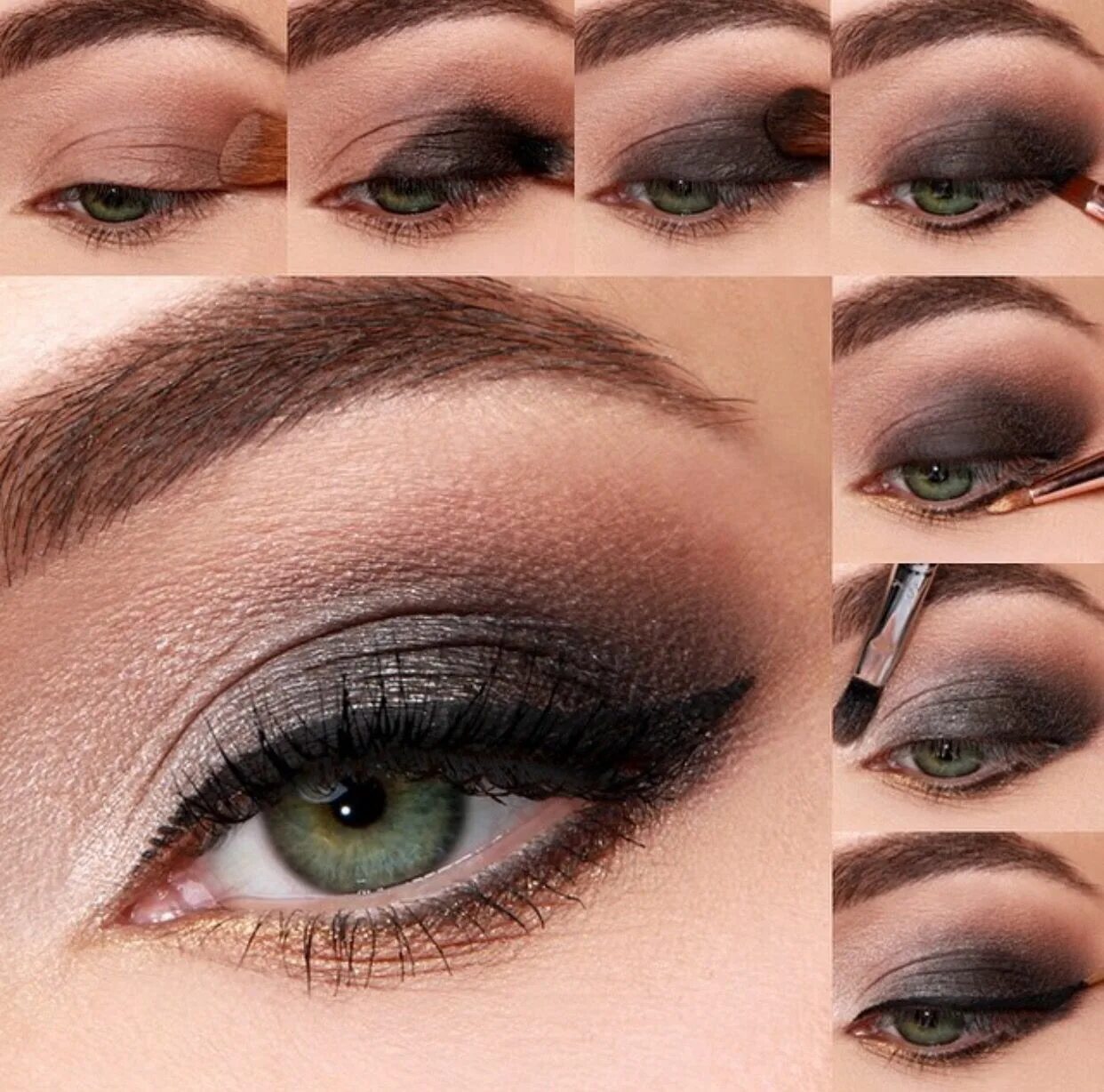 Простой макияж для зеленых глаз Light smokey eye with gold shimmer Smokey eyeshadow tutorial, Black smokey eye m