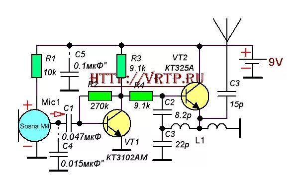 Простой передатчик на одном транзисторе схема Очень разумные технологические странички - Радиомикрофоны 2 транзистора - Радио 