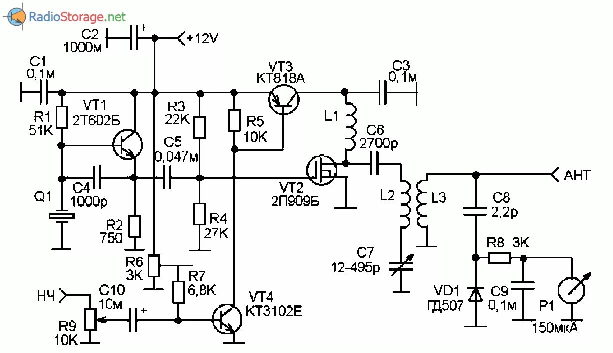 Простой схема передатчика Схема любительского АМ передатчика (СВ диапазон 1449-1602 кГц)