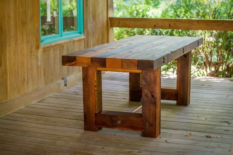 Простой стол своими руками фото Outdoor Wood Dining Patio Table Rustic Reclaimed Salvaged Etsy UK Wood bench out