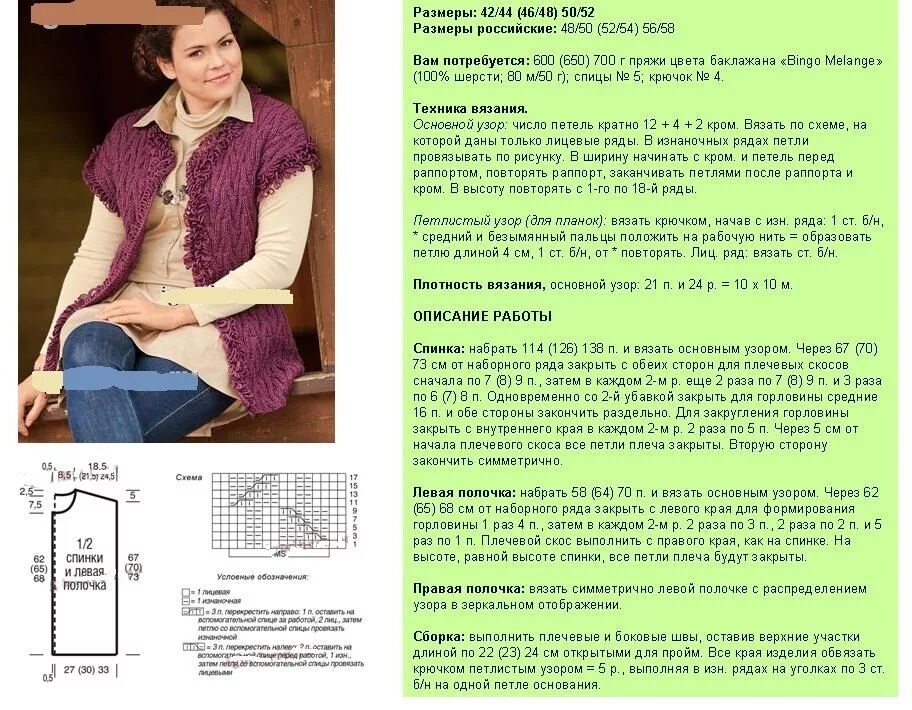 Простой жилет вязаный спицами схема и описание Схема, описание вязаного спицами жилета для пышной дамы, пример 1 Вязание, Спица