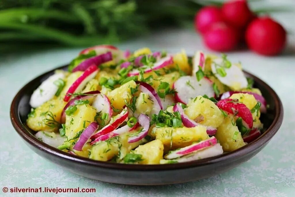 Простые салаты с картошкой с фото Simple potato salad with radish Ingredients: 4 potatoes 80 grams of boiled green