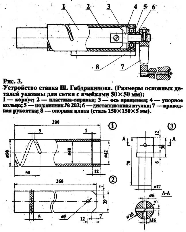 Простые самодельные станки для сетки рабицы Рис. 3. Устройство станка Ш. Габдракипова - изображение из статьи "Станки с ручн