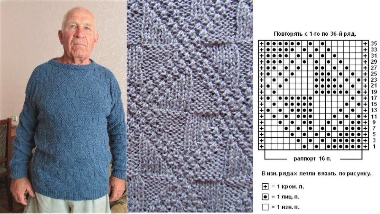 Простые узоры спицами фото со схемами МУЖСКОЙ СВИТЕР Насложным Узором -Только Лицевые и Изнаночные петли / Подробный М