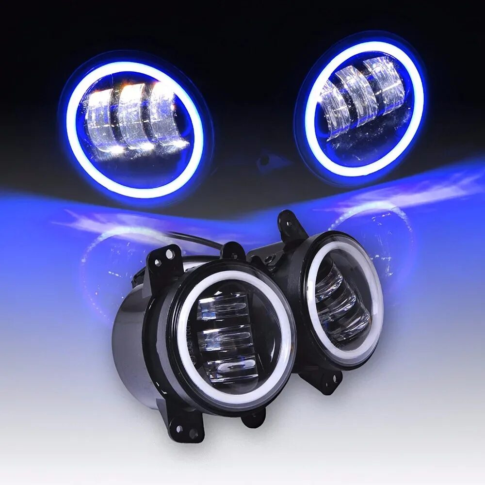 Противотуманные фары как выглядят на машине 4 Inch 60w Led Fog Lights White Drl / Blue Turn Signal Halo Ring For Jeep Wrangl