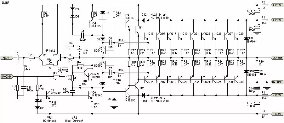 Проверенная схема усилителя 1500W Power Amplifier - Circuit Scheme