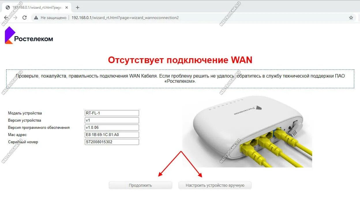 Проверьте подключение кабеля и настройки устройства Роутер Sercomm RT-FL-1 от Ростелеком - обзор и настройка Настройка оборудования