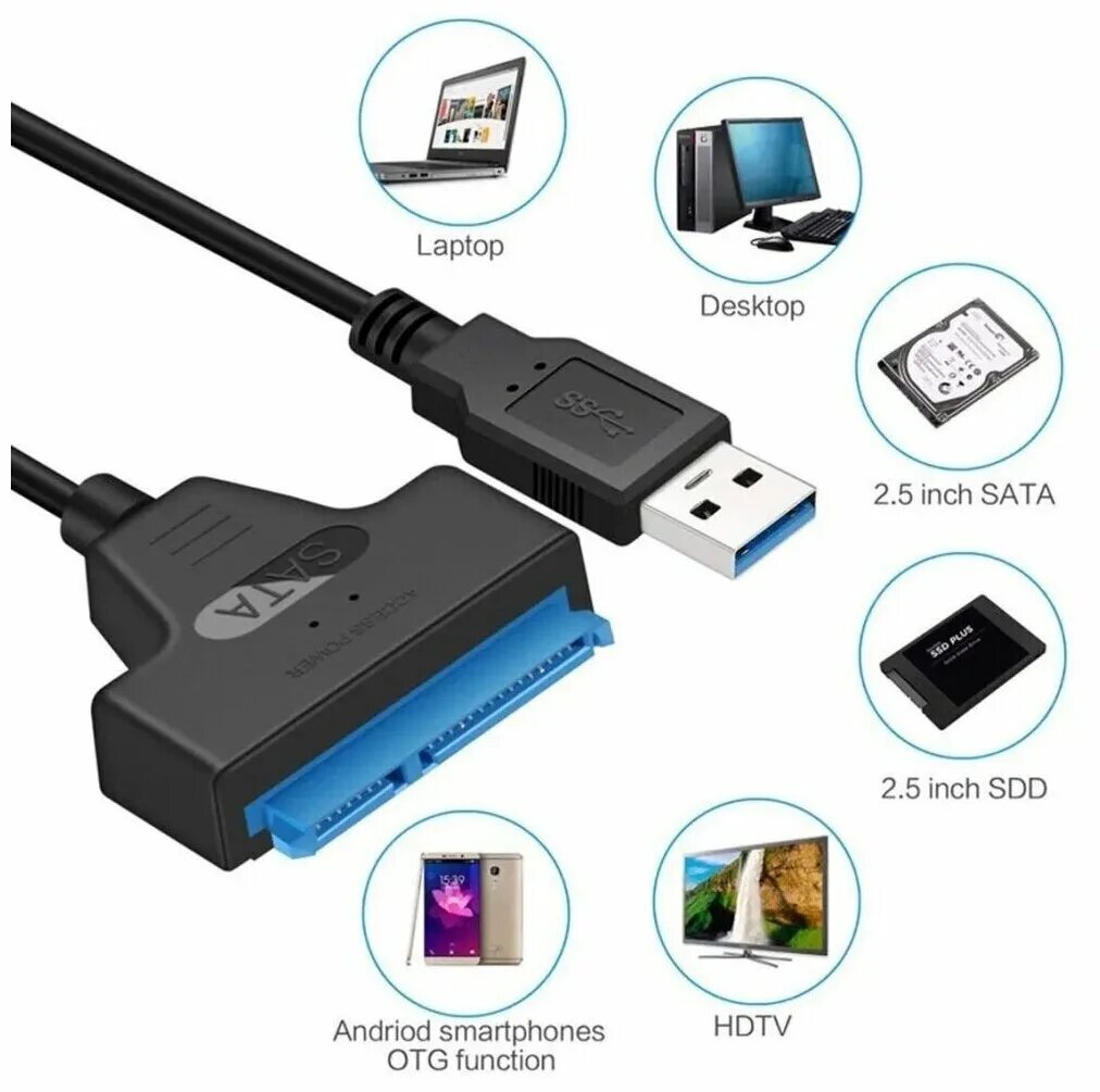 Провод для подключения жесткого диска к ноутбуку Переходник SATA на USB 3.0 для чтения жестких дисков + доп. питание / Адаптер-пе