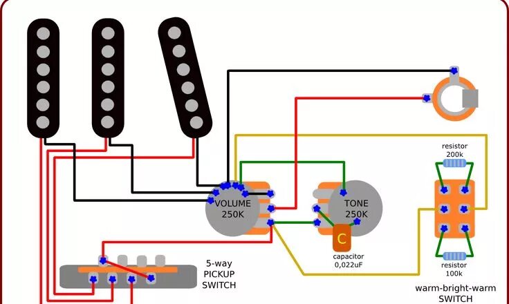 Провод для распайки гитары Wiring Diagram for Stratocaster - With a Warm-Bright-Warm Switch Учебный план, Э