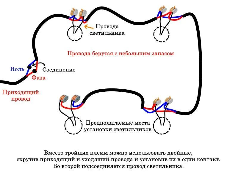 Провод подключения точечных светильников Подключение точечных светильников (схемы соединения проводов)