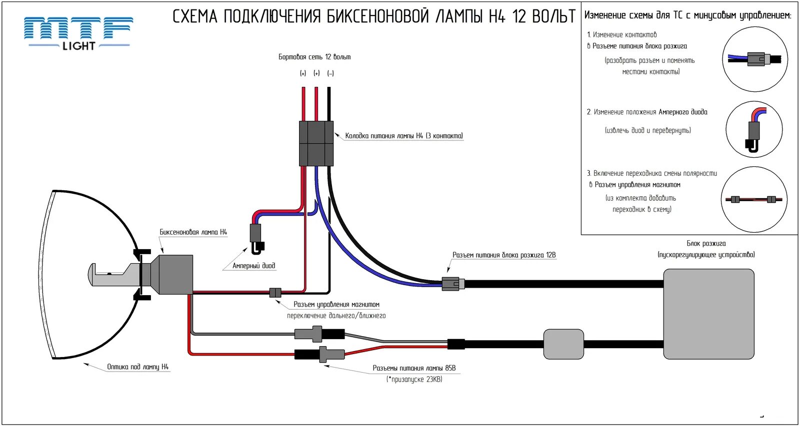 Провода для подключения би лед линз h4 Купить БИ-ксеноновая лампа MTF Light Н4 12V 6000К, 1 шт. в Москве в интернет-маг