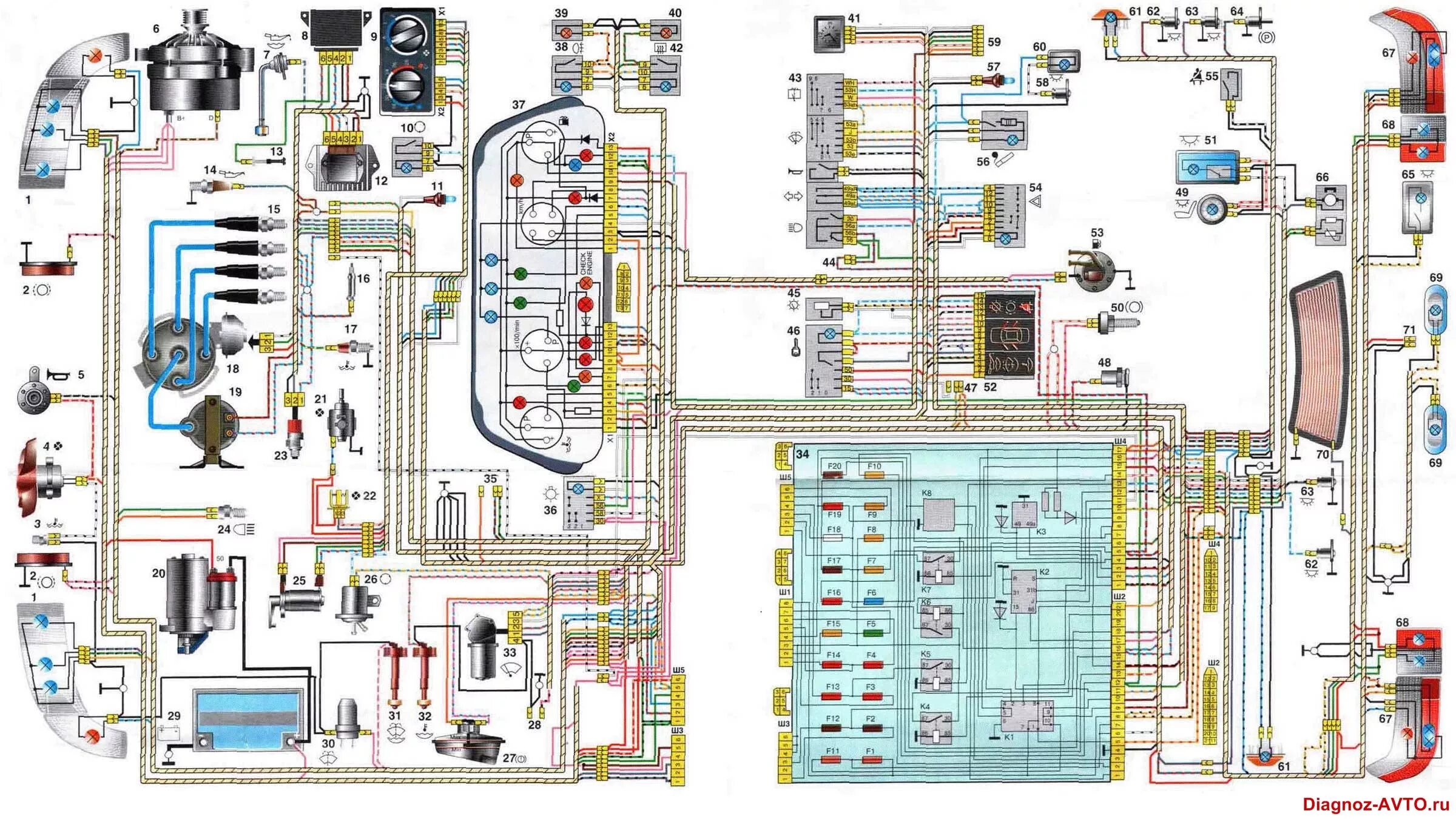 Проводка 21099 схема Общая схема электрооборудования ВАЗ-2110 карбюратор