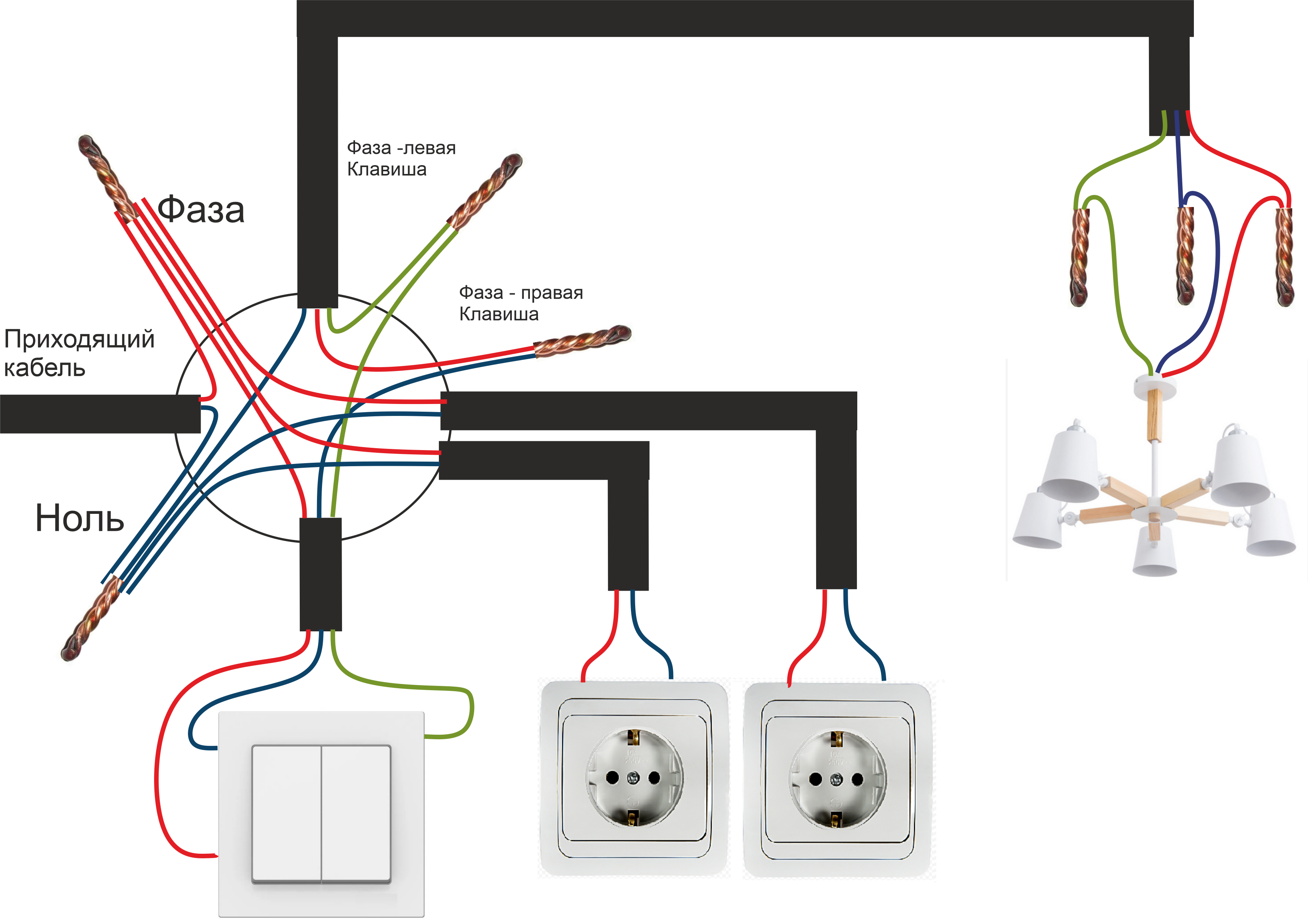Проводка лампочка выключатель розетка схема Как правильно подключить провода с двумя