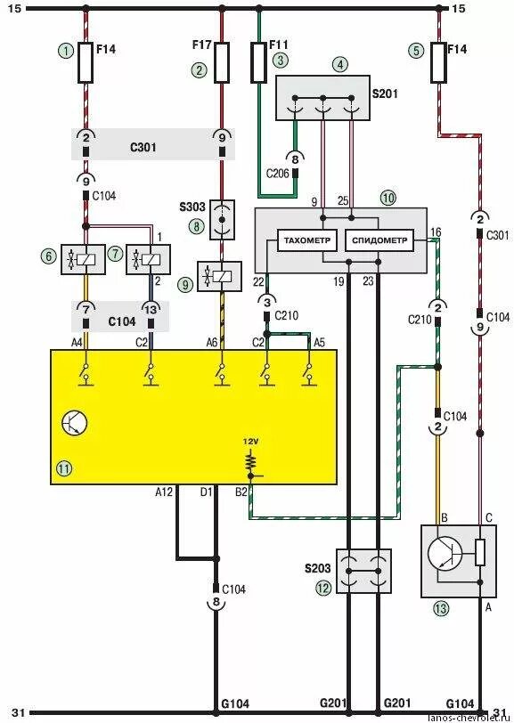 Проводка шевроле ланос 1.5 схема Электросхема 2г. Система управления двигателем (продолжение) автомобиля Шевроле 