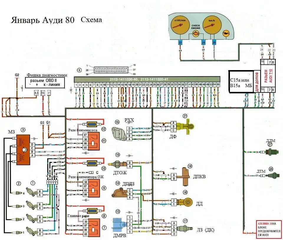 Проводка январь 5.1 схема Январь ч.4 Проводка Января Ауди 80 - Audi 80 (B3), 2 л, 1989 года электроника DR