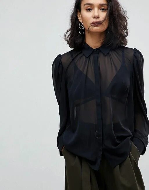 Прозрачная блузка чем одеть ASOS DESIGN sheer blouse with exaggerated long sleeves ASOS in 2023 Black sheer 