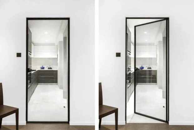 Прозрачная дверь фото Aluminium Double Glass Slimline Swing kitchen Door interior flush door Alibaba.c