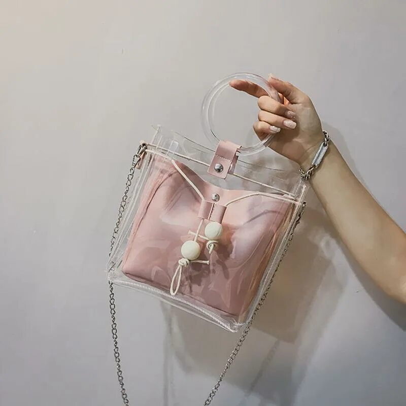 Прозрачная сумочка Women Small Clear Transparent Drawstcircle Girls Cute Composite Bag Female Handb