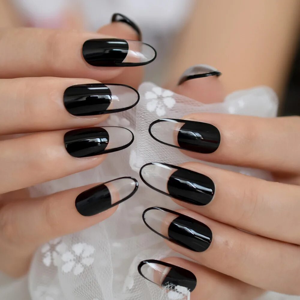 Прозрачные черные ногти маникюр Black Clear French Tips Long Oval Round False Nail Acrylic Extensions Press On N