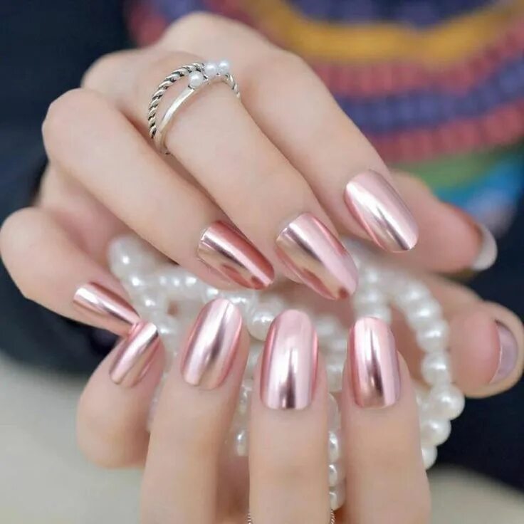 Прозрачные цвета маникюра 24 Rose Gold Press On nails kit w glue chrome mirror shiny Etsy Pink chrome nail