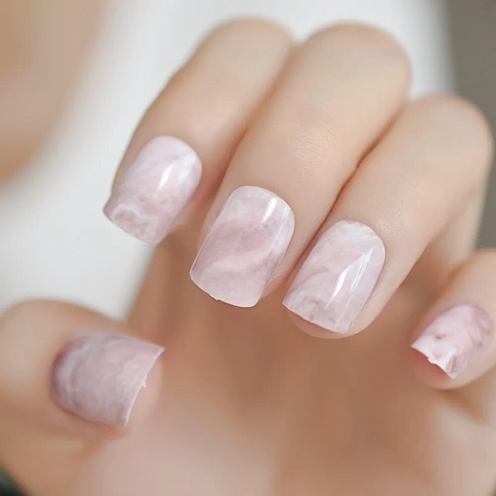 Прозрачный маникюр 2024 фото Pink Marble Square Fake Nails Glossy Short Stone Pattern Ladies Falsies Wholesal