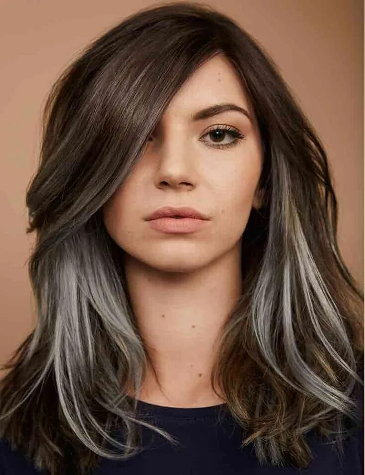 Пряди на средних темных волосах фото Pin on 髪 型 Hair highlights, Silver hair color, Underlights hair