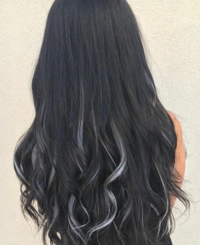 Пряди на темных волосах длинных фото Black hair with gray highlights Black hair with highlights, Black hair with grey